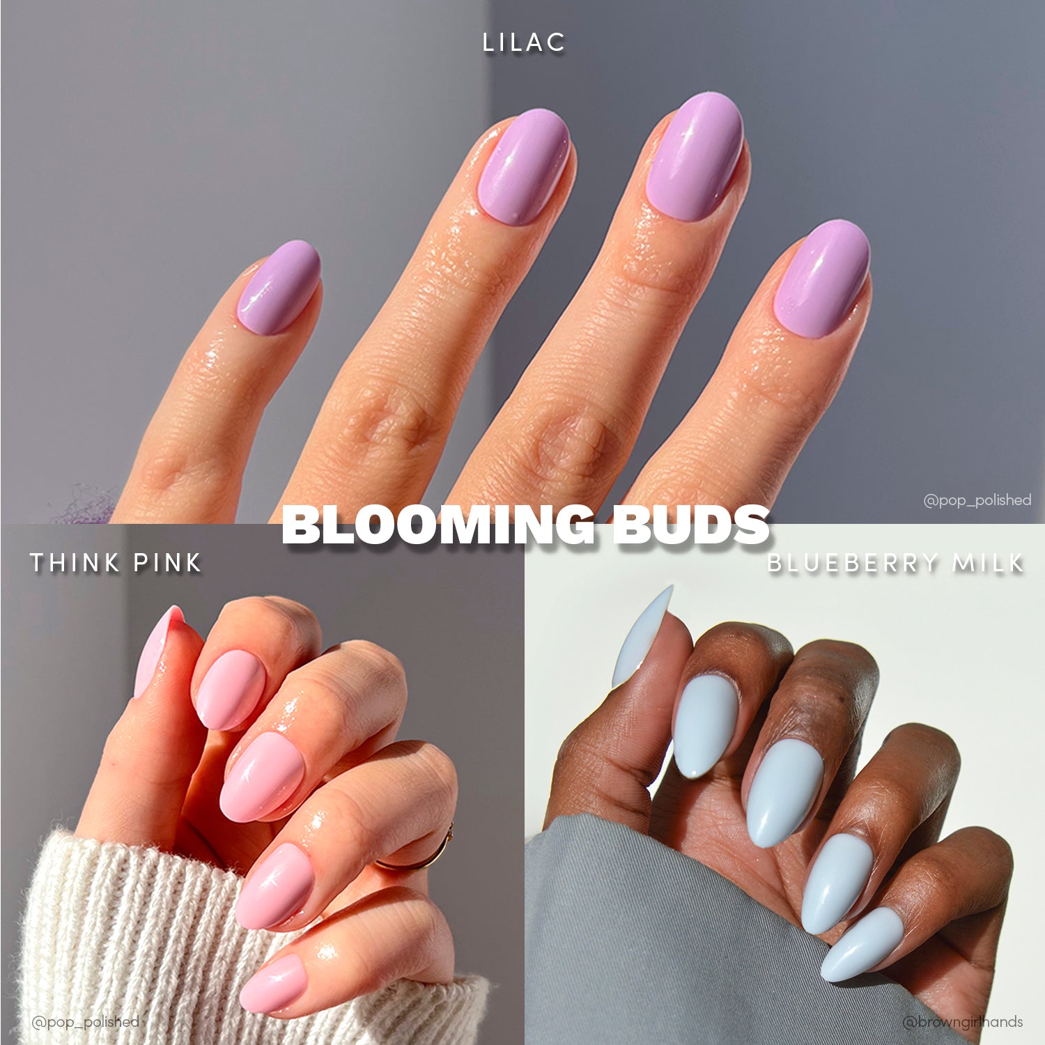 A collage shows manicured hands with glamnetic’s Blooming Buds pastel press-ons in Lilac, Think Pink, and Blueberry Milk shades. Each style is labeled: Blooming Buds, Lilac, Think Pink, and Blueberry Milk. - Product image