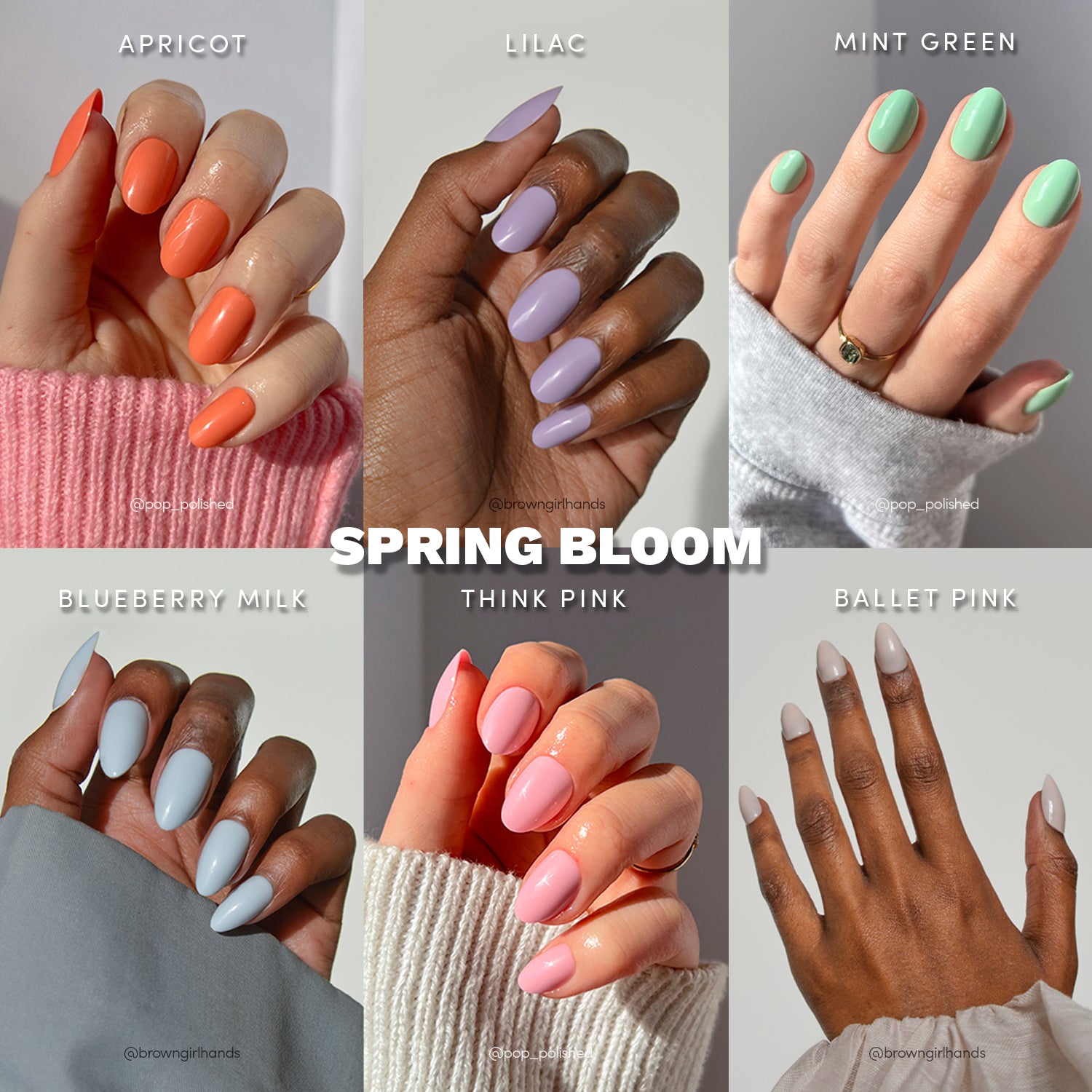 Six hands with oval-shaped glamnetic press-on nails from The Solids: Spring Bloom Collection display pastel colors—apricot, lilac, mint green, blueberry milk, pink, and ballet pink—against matching sleeves. Text reads Spring Bloom. - Product image