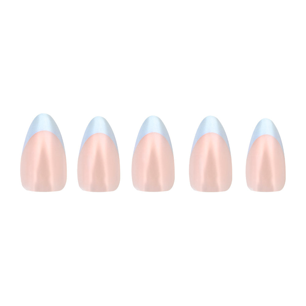 Five artificial nails from glamnetics Blueberry Icing set are shown in a row with nude bases, baby blue French tips, and a glazed finish, displayed on a white background. - Product image