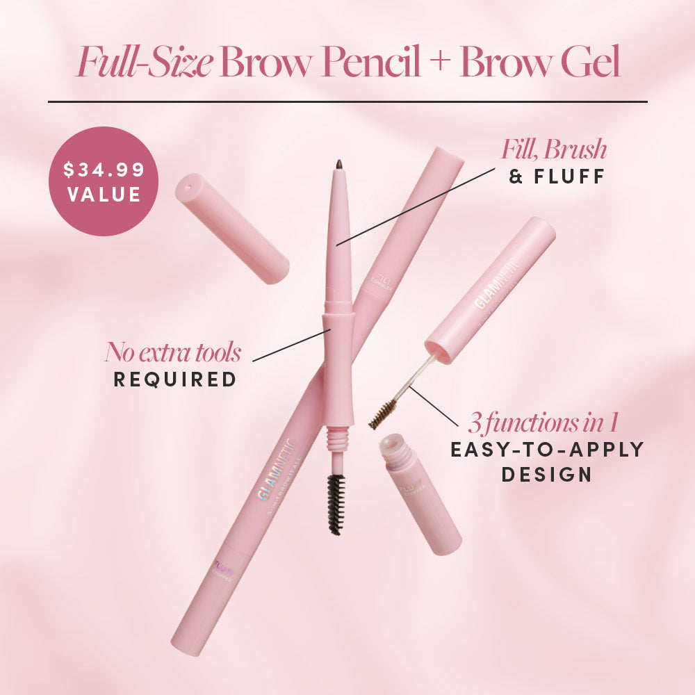 The glamnetic 3-in-1 Brow It All pink brow pencil and gel set is shown on a light background, with text highlighting fill, brush, fluff features and its all-in-one design. Valued at $34.99, no extra tools needed. - Product image