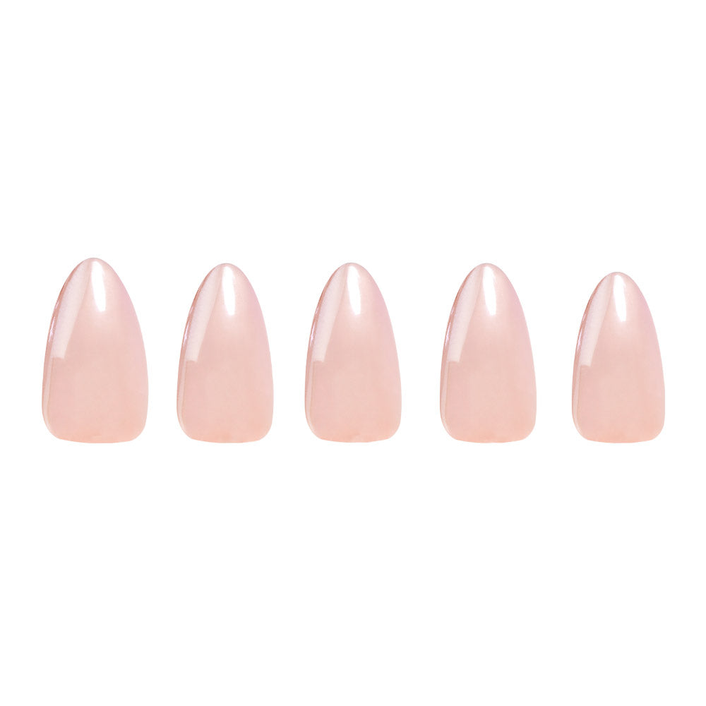 Five shiny, nude-blush artificial nails from glamnetic’s Los Angeles set are displayed in a row on a white background, highlighting their elegant look. - Product image
