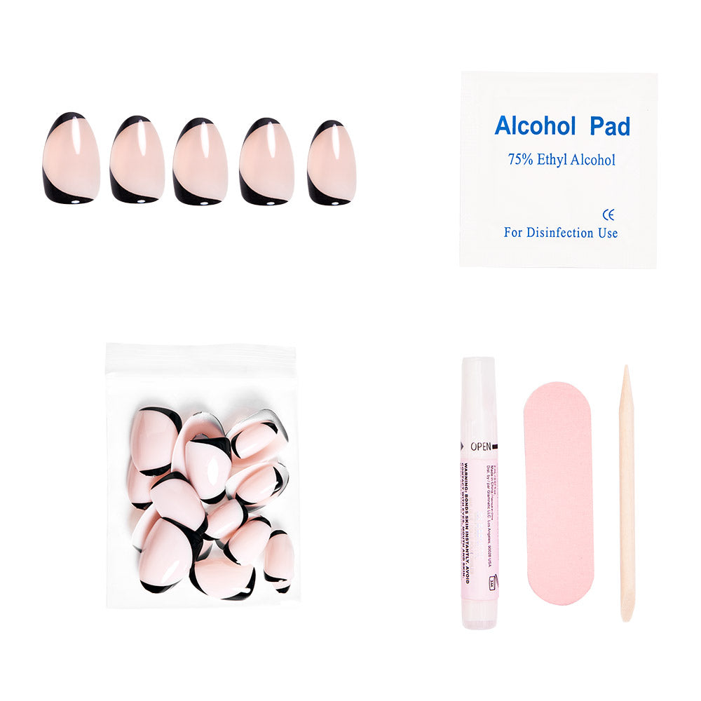 The glamnetic NYC Set includes black-tipped reusable nails with an abstract design, extra nails, glue, a pink file, an alcohol pad, and a wooden cuticle stick—everything you need for stunning nails. - Product image