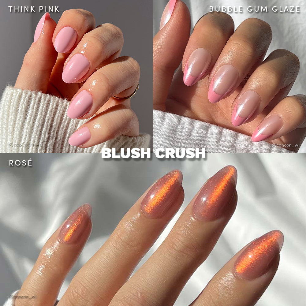 Four manicured hands showcase glamnetic’s Blush Crush: glossy solid pink (top left), shiny Bubble Gum Glaze (top right), and shimmery pink-orange nails (bottom). Text reads BLUSH CRUSH. Think pink with these standout styles!. - Product image