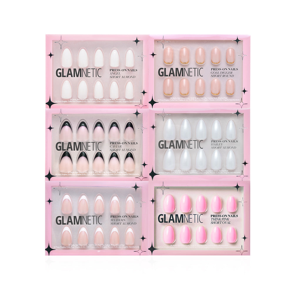 Six boxes of glamnetic press-on nails in the Clean Girl Aesthetic style, featuring nude, pink, white, and French tip designs, arranged in a 2x3 grid inside elegant light pink packaging. - Product image