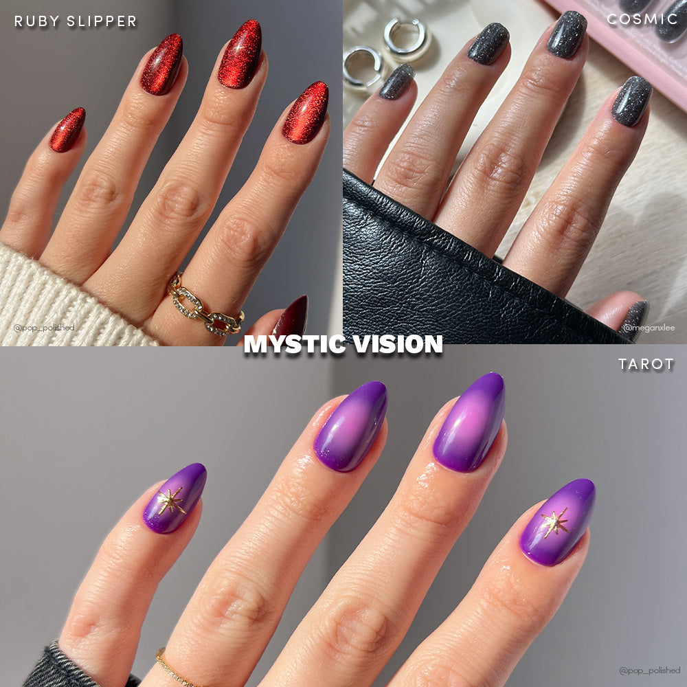 A collage showcases three glamnetic Mystic Vision nail designs: glittering Ruby Slipper red, sparkling Cosmic black, and mystical Tarot purple with gold stars. MYSTIC VISION stands out in bold white at the center. - Product image