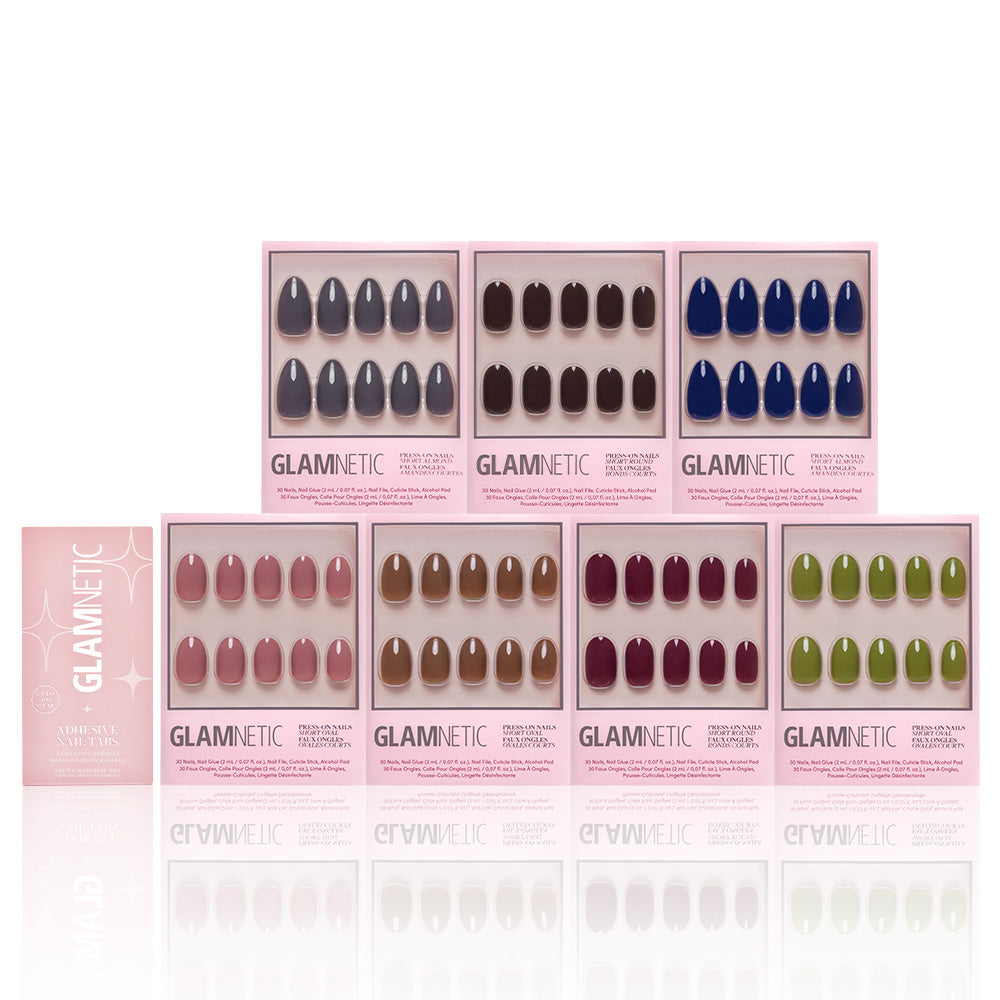 Eight boxes of glamnetics The Solids Vol.3 Fall Forest Collection vegan & cruelty-free nails in assorted fall shades are arranged in two rows, with one box on the left standing upright. - Product image
