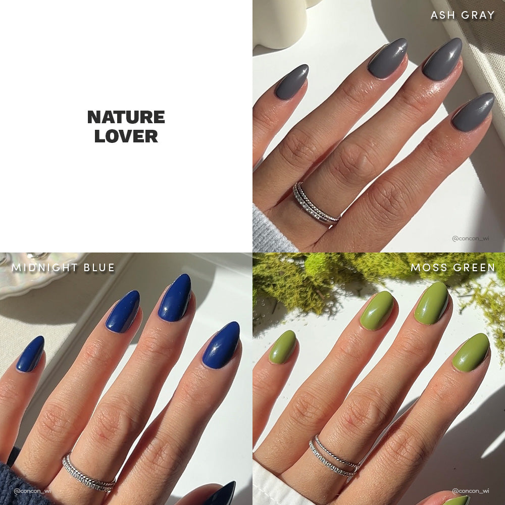 A collage shows three manicured hands wearing glamnetic Nature Lover shades in Midnight Blue, Ash Gray, and Moss Green with silver rings. Nature Lover is displayed in the top left corner. - Product image