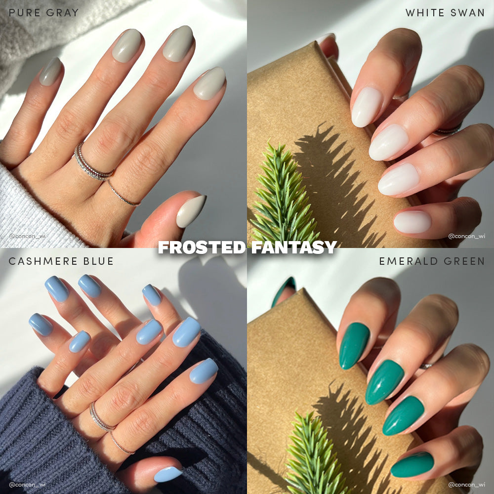 A collage of four manicured hands with matte nails—gray, pale pink, light blue, and jewel-toned green. Center text reads Frosted Fantasy by glamnetic. Each hand showcases our vegan, cruelty-free polish in bright natural light. - Product image