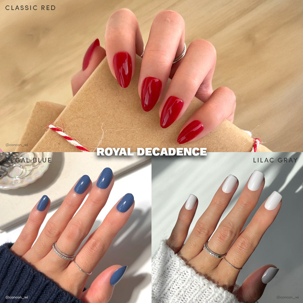 A collage of three manicured hands showcases glamnetic’s Royal Decadence nail polishes in Classic Red (top), Regal Blue (bottom left), and Lilac Gray (bottom right). Text: ROYAL DECADENCE. - Product image