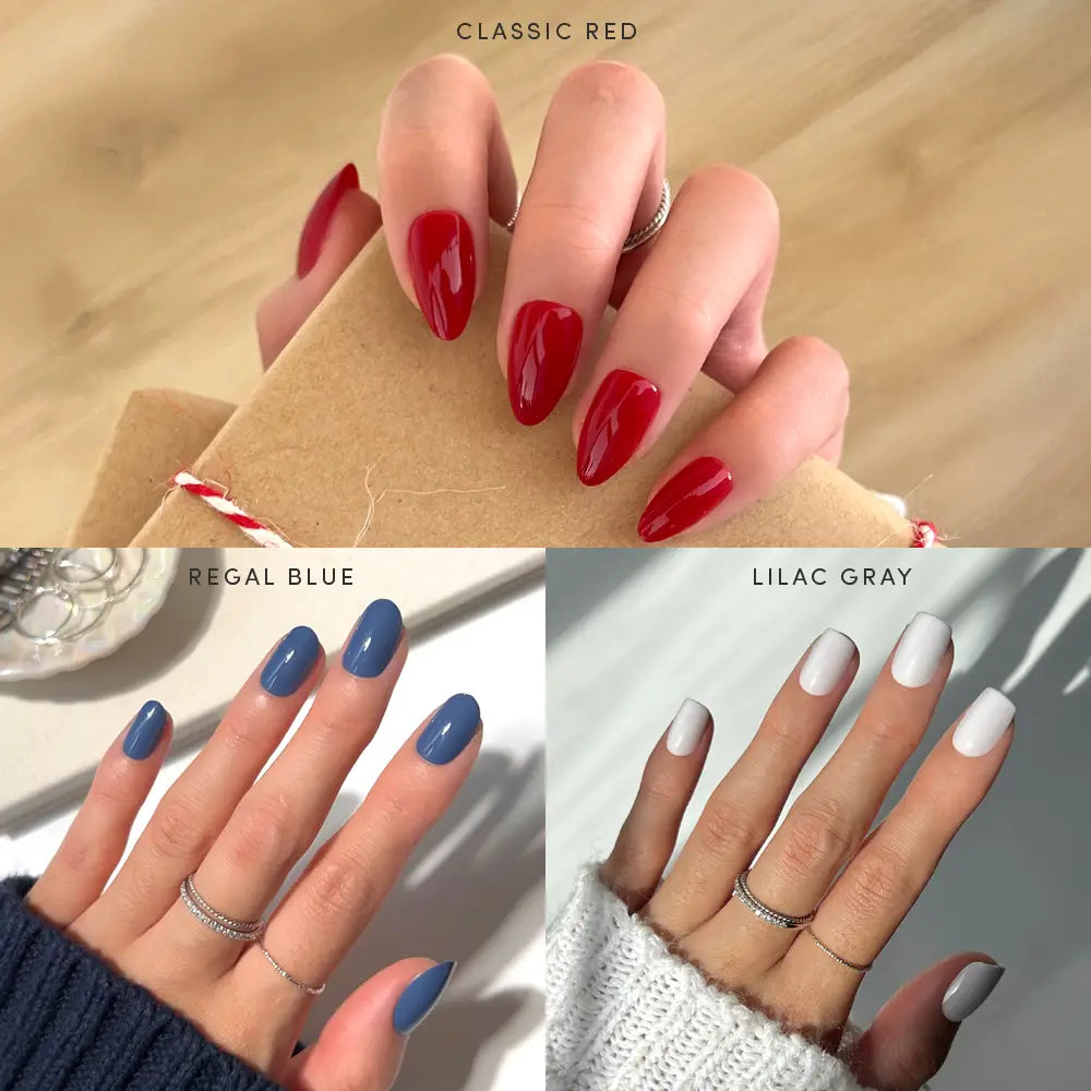 Three images showcase manicured hands wearing glamnetic’s Royal Decadence press-on nails: bold red nails clutching a brown envelope, striking blue nails paired with a cozy sleeve, and elegant grayish-white reusable nails glowing in sunlight. Each look is complemented by delicate rings.