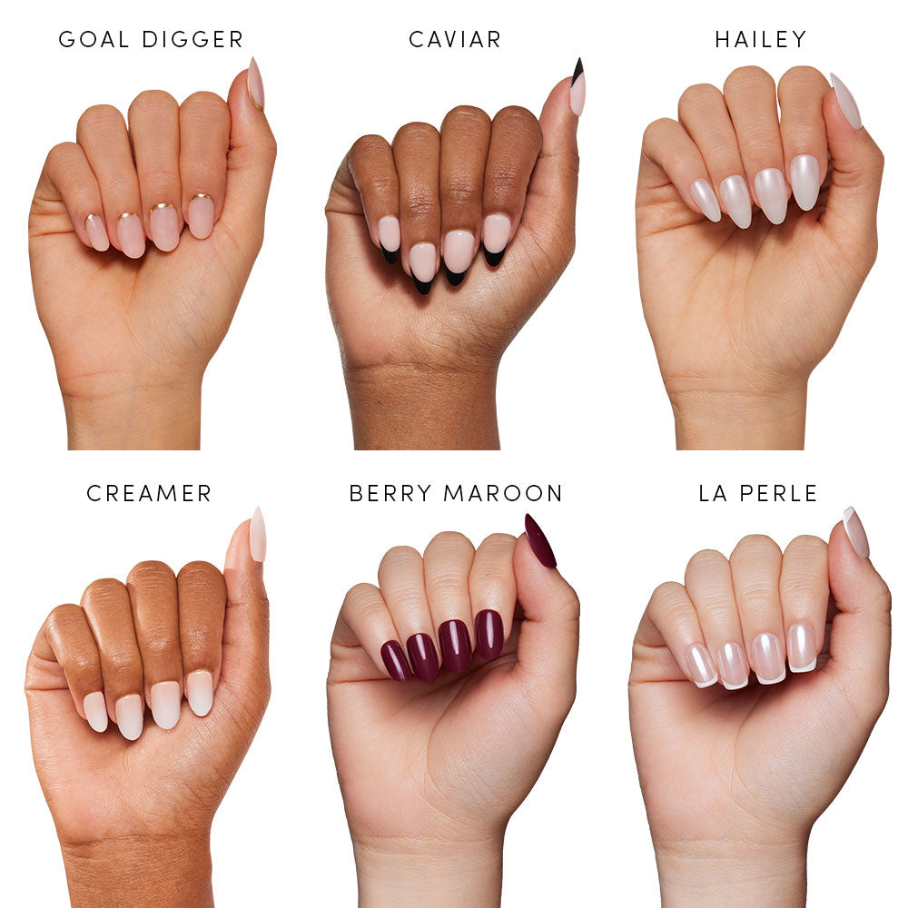 Six hands display glamnetic’s Nail Lover’s Gift Set, featuring press-on nails in styles like Goal Digger, Caviar, Hailey, Creamer, Berry Maroon, and La Perle—each ready to apply with long-lasting nail glue. - Product image