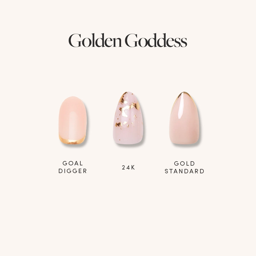 Celebrate glamnetics Golden Goddess press-on nails: three gold-themed designs with foil accents on a light base, including styles Goal Digger, 24K, and Gold Standard. Presented as the Golden Goddess Bundle. - Product image