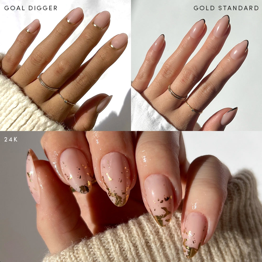 A collage showcases manicured hands wearing glamnetic’s Golden Goddess press-on nails in various gold-accented nude designs. Phrases like GOAL DIGGER, GOLD STANDARD, and GOLDEN GODDESS highlight the chic golden foil detailing. - Product image