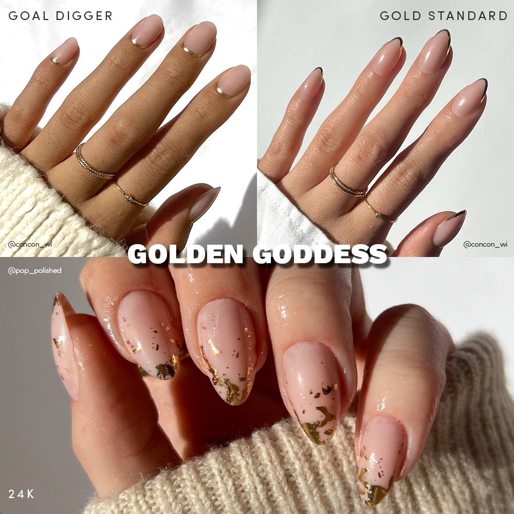 A collage showcases manicured hands wearing glamnetic’s Golden Goddess press-on nails in various gold-accented nude designs. Phrases like GOAL DIGGER, GOLD STANDARD, and GOLDEN GODDESS highlight the chic golden foil detailing. - Product image