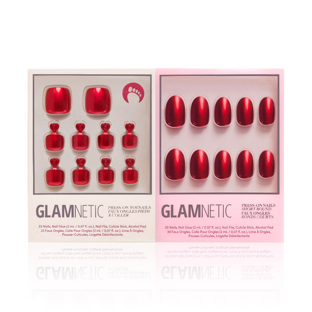 Get the Cherry Glaze Mani Pedi from glamnetic: vibrant red, glossy square toenails and oval fingernails. Includes all accessories for a perfectly matching mani/pedi. - Product image