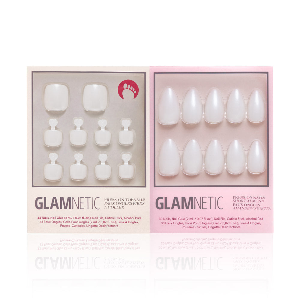 Two boxes of glamnetics Hailey Mani Pedi are side by side: the left holds square-shaped toenails, the right has oval-shaped fingernails. Both sets have a glossy, glazed light nude finish. - Product image