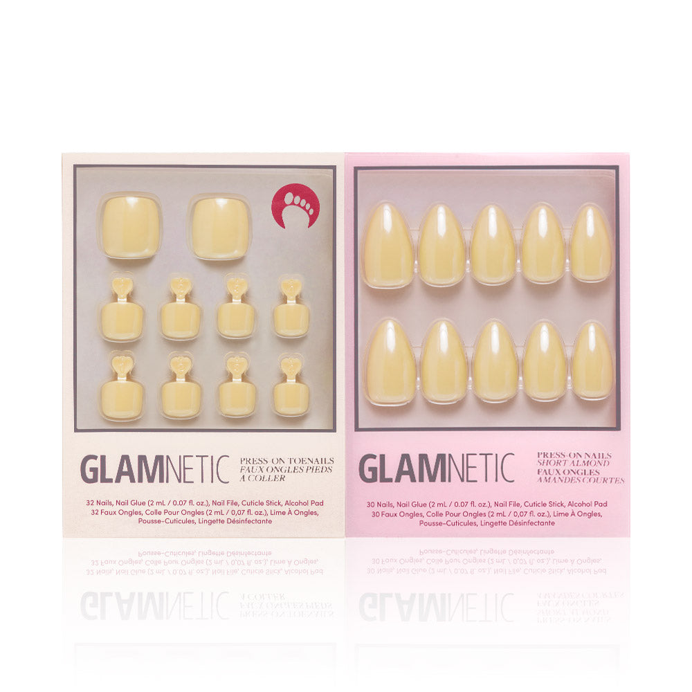 Two boxes of glamnetic Yellow Pop Mani Pedi press-on nails are displayed side by side: the left box contains toenails, while the right features a fingernail set. Both packages showcase product details. - Product image
