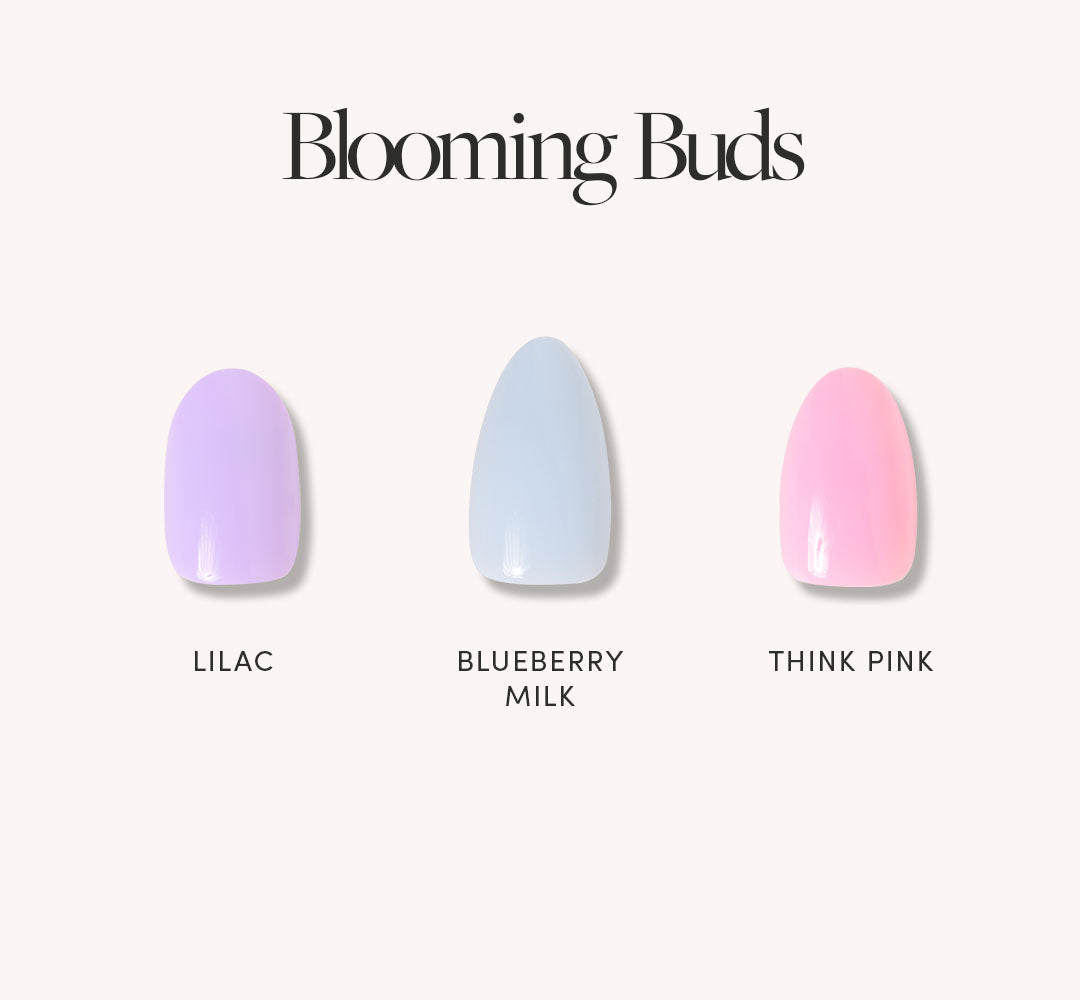 Glamnetic’s Blooming Buds nail polish set features Lilac, Blueberry Milk, and Think Pink—soft pastel shades displayed on a light background, ideal for creating a fresh, spring-inspired manicure. - Product image