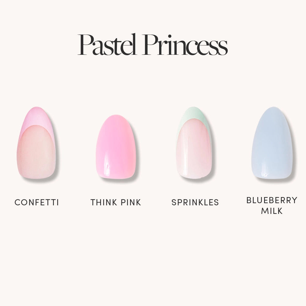 Pastel Princess by glamnetic features four pastel press-on nails—Confetti, Think Pink Sprinkles, Sprinkles, and Blueberry Milk. Apply easily with Brush On Nail Glue and remove gently with Press On Nail Remover. - Product image