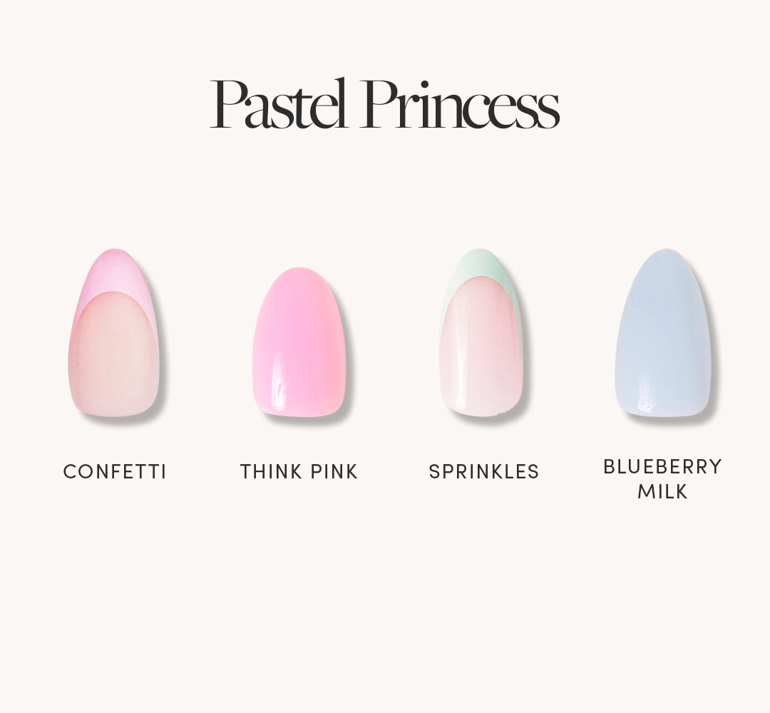 Pastel Princess by glamnetic features four pastel press-on nails—Confetti, Think Pink Sprinkles, Sprinkles, and Blueberry Milk. Apply easily with Brush On Nail Glue and remove gently with Press On Nail Remover. - Product image