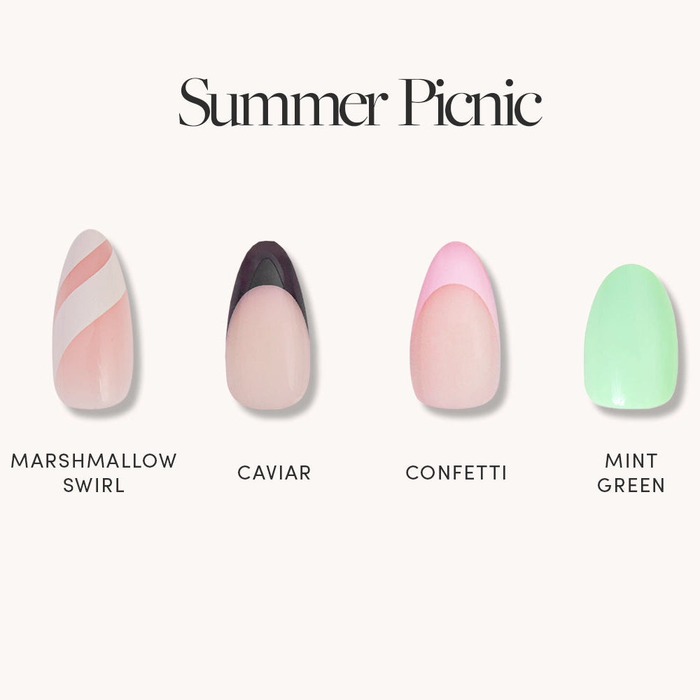 The glamnetic Summer Picnic Collection features four cruelty-free, vegan nail designs: Marshmallow Swirl (pink/white stripes), Caviar (nude with dark tip), Confetti (pink shapes), and Mint Green (solid pastel green). - Product image