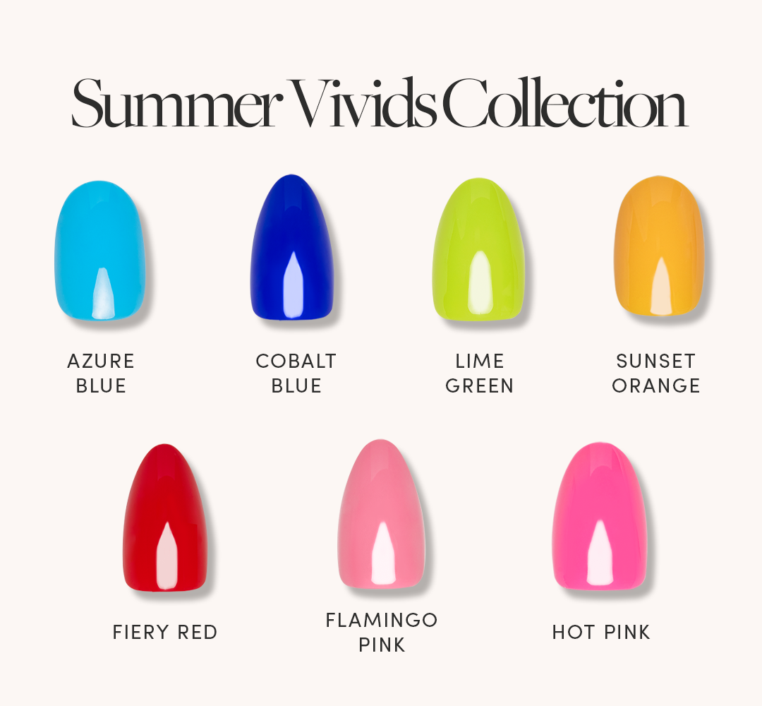 Seven nail polish swatches in blue, green, orange, red, and pink shades—Azure Blue, Cobalt Blue, Lime Green, Sunset Orange, Fiery Red, Flamingo Pink, and Hot Pink—are shown with glamnetic Summer Vivids Collection text. - Product image