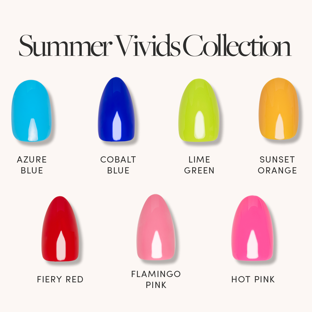 Seven nail polish swatches in blue, green, orange, red, and pink shades—Azure Blue, Cobalt Blue, Lime Green, Sunset Orange, Fiery Red, Flamingo Pink, and Hot Pink—are shown with glamnetic Summer Vivids Collection text. - Product image
