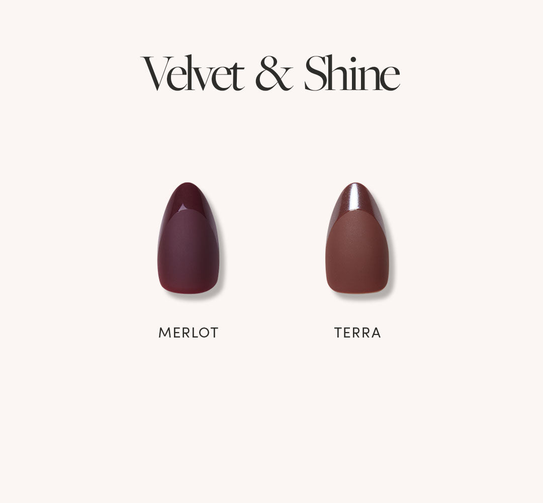 Glamnetic Velvet & Shine features two vegan, cruelty-free short almond nail tips: Merlot in deep burgundy and Terra in warm, earthy-brown matte. - Product image