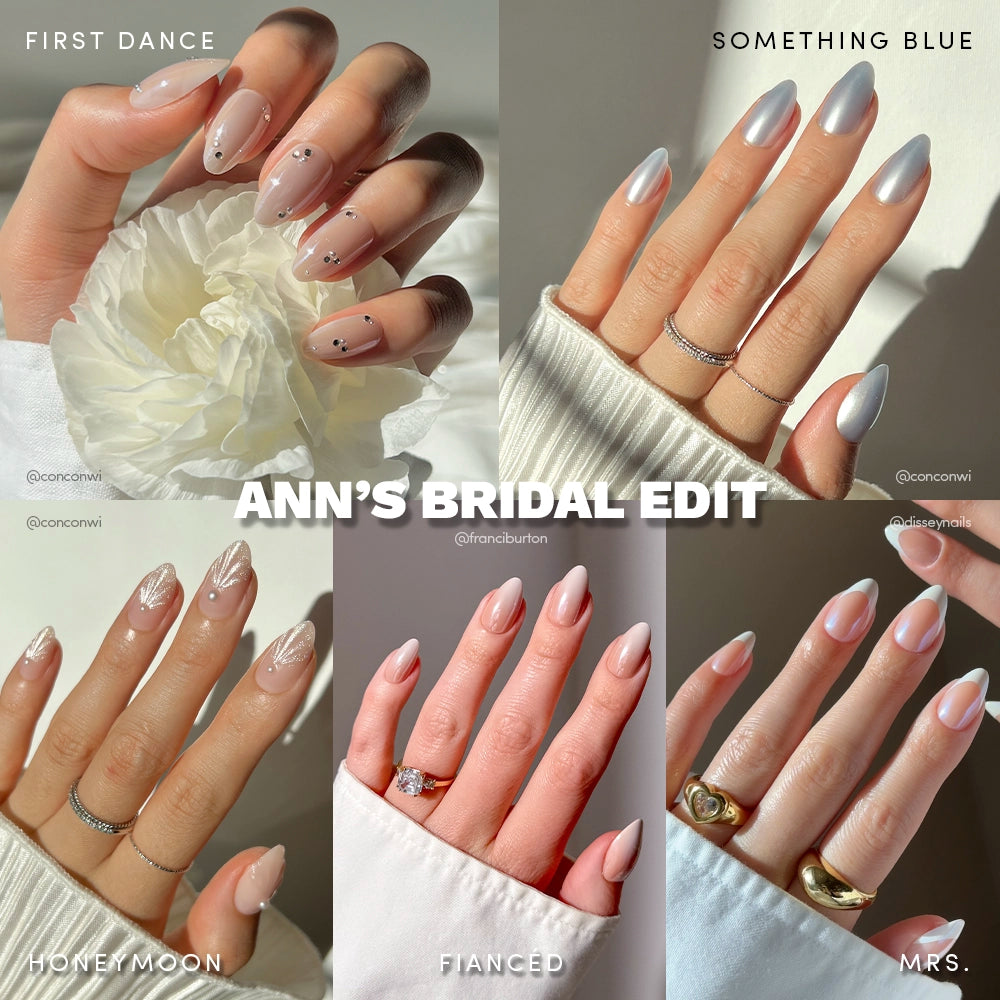 A collage of five manicured hands with bridal nails labeled First Dance, Something Blue, Honeymoon, Fiancé, and Mrs. Text Anns Bridal Edit by glamnetic is centered. Features elegant French tips and chic press-on nails. - Product image