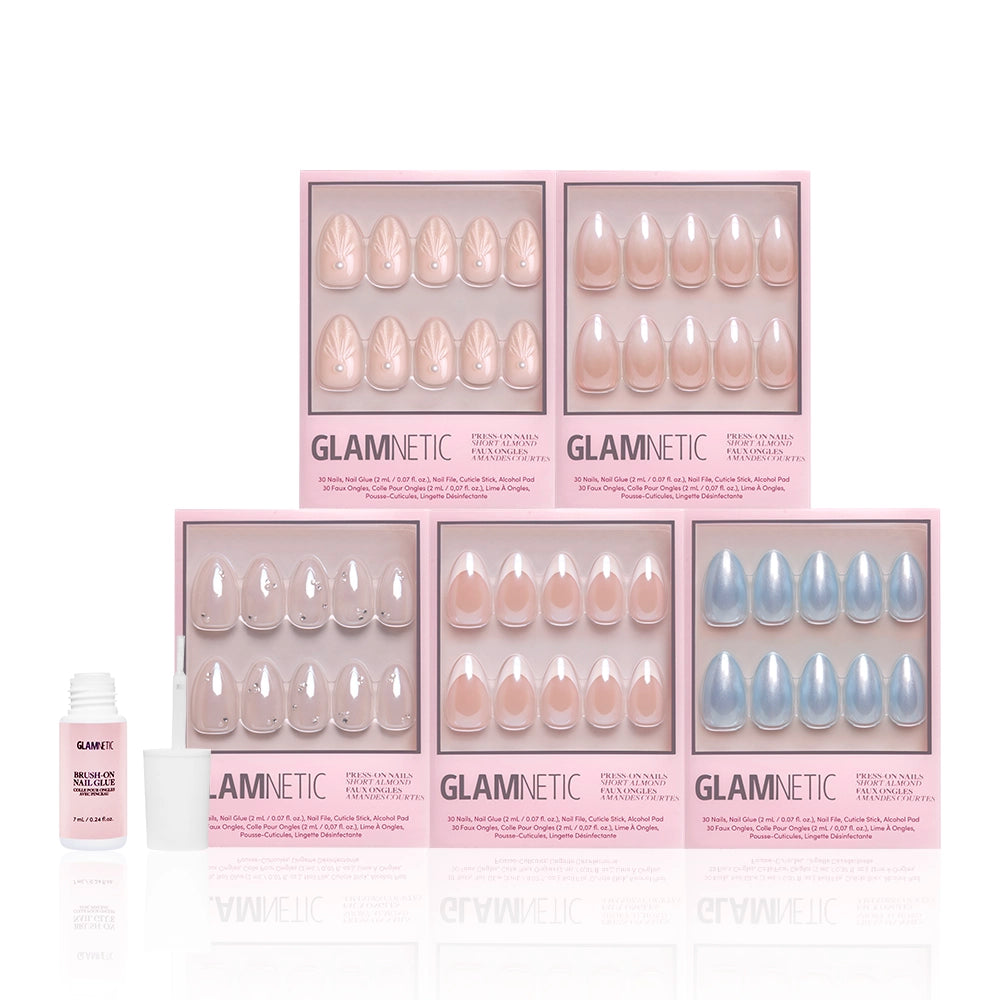 Five pink boxes of glamnetics Anns Bridal Edit press-on nails in assorted nude and blue shades with elegant French tips are arranged in two rows, ideal for bridal looks. An open nail glue bottle sits on the left. - Product image