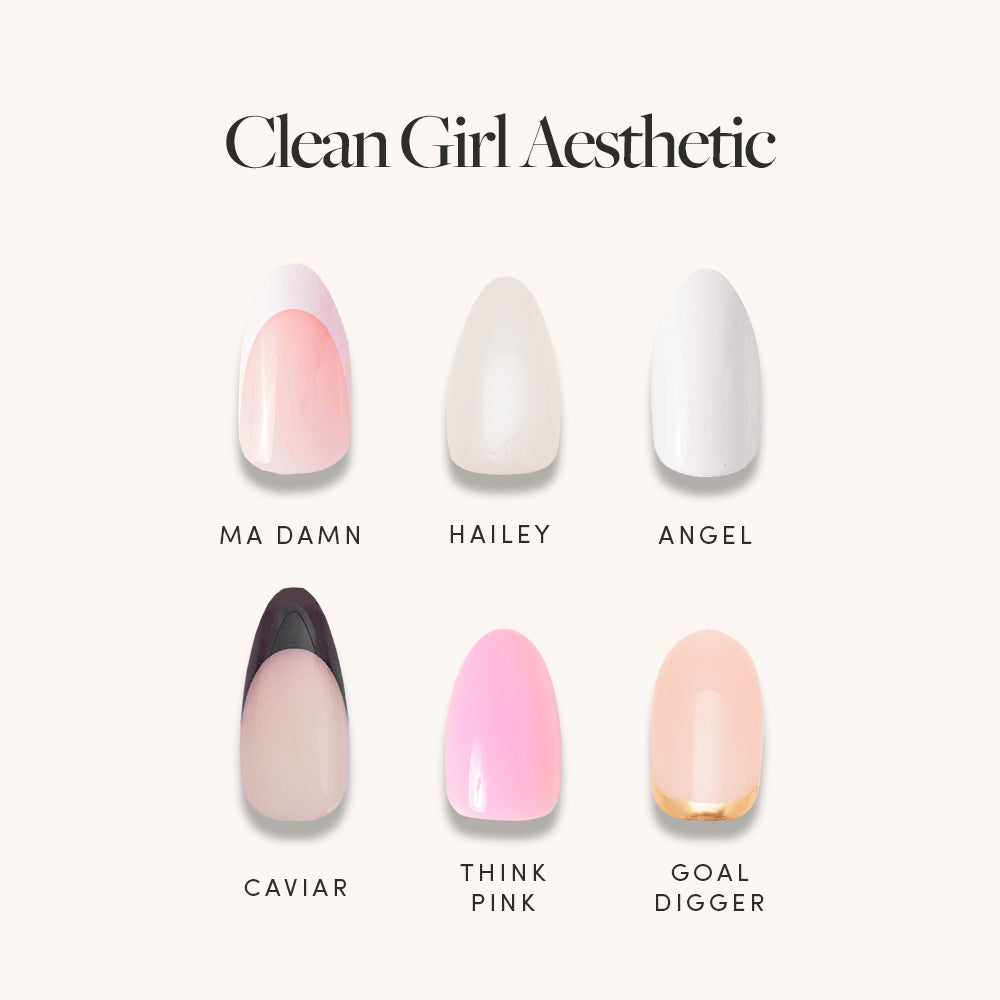 The glamnetic Clean Girl Aesthetic set features six manicured nails in stunning styles like Goal Digger, Think Pink Caviar, Hailey Angel, and Ma Damn. Each nail is labeled for a seamless application. - Product image