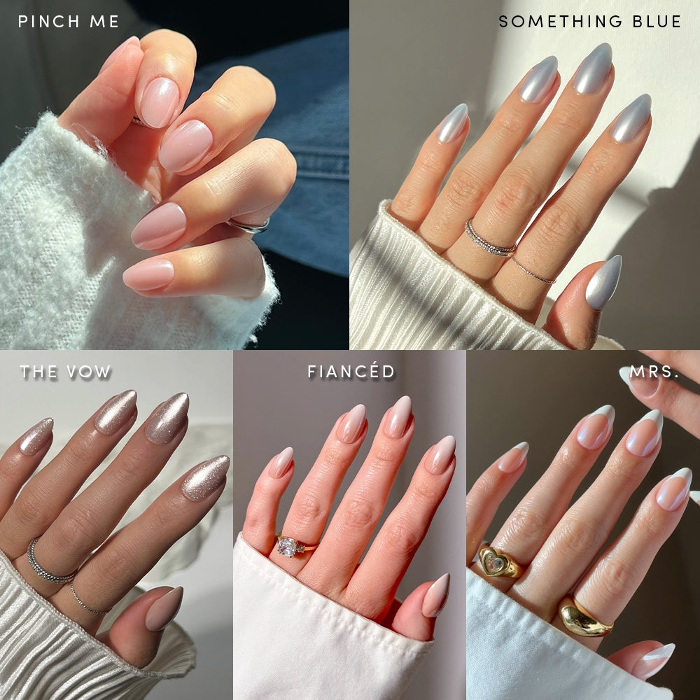 A collage of six manicured hands with modern, wedding-inspired nail designs from glamnetic’s Forever and Always collection—featuring Pinch Me, Something Blue, The Vow, Fiancé, Mrs., and Forever and Always centered in bold text.
