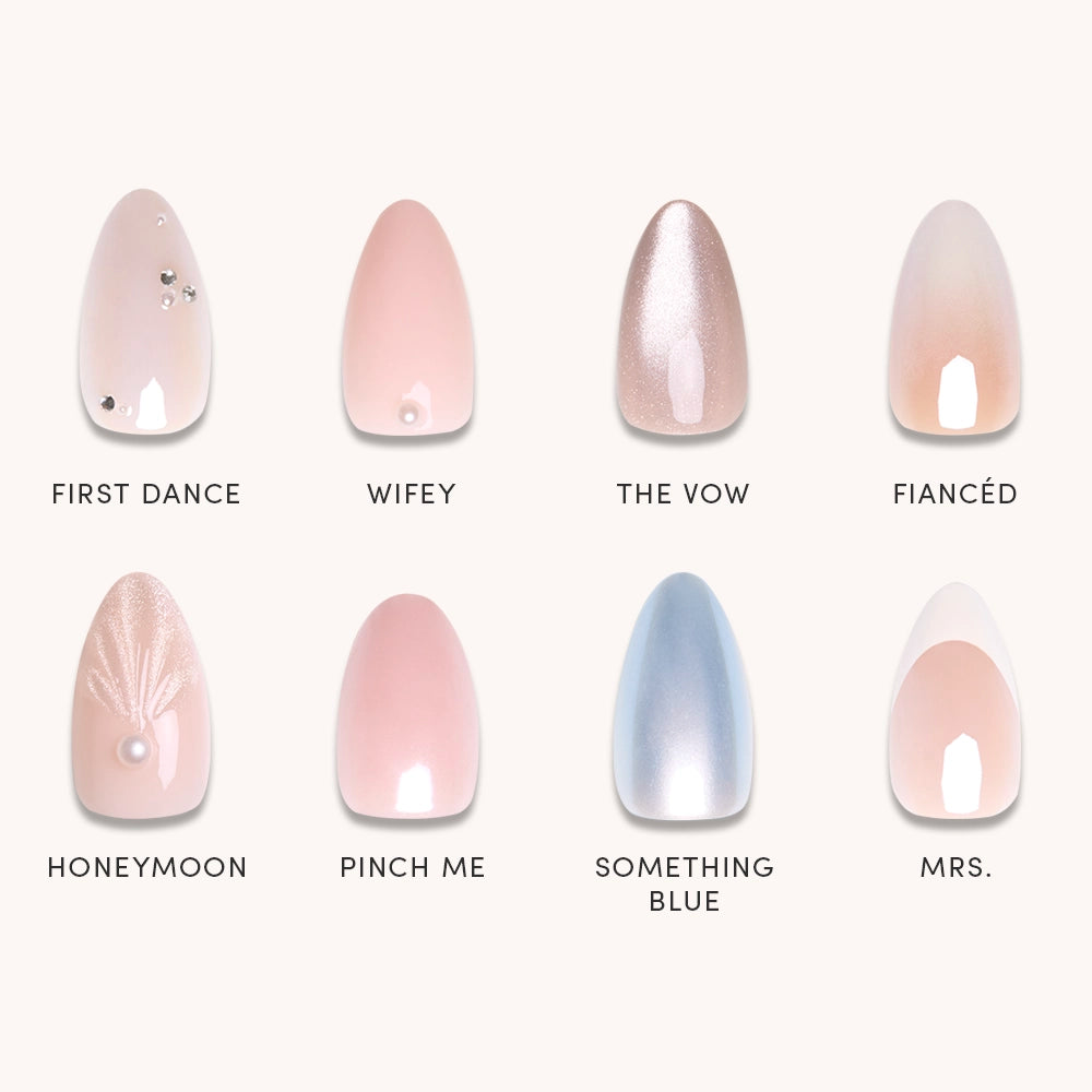 The glamnetic Happily Ever After Collection features eight press-on nails with bridal-inspired designs in light pinks and shimmery blues. Some include pearl accents, rhinestones, or white tips. Each elegant design is labeled below. - Product image