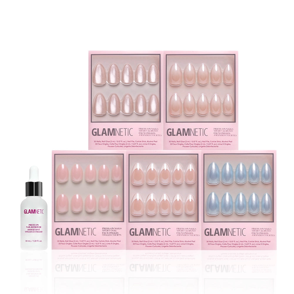 Eight boxes of glamnetic’s Happily Ever After Collection press-on nails in nude and pastel shades are arranged in two rows, with a white Cuticle Oil dropper bottle on the left, all set against a white background. - Product image