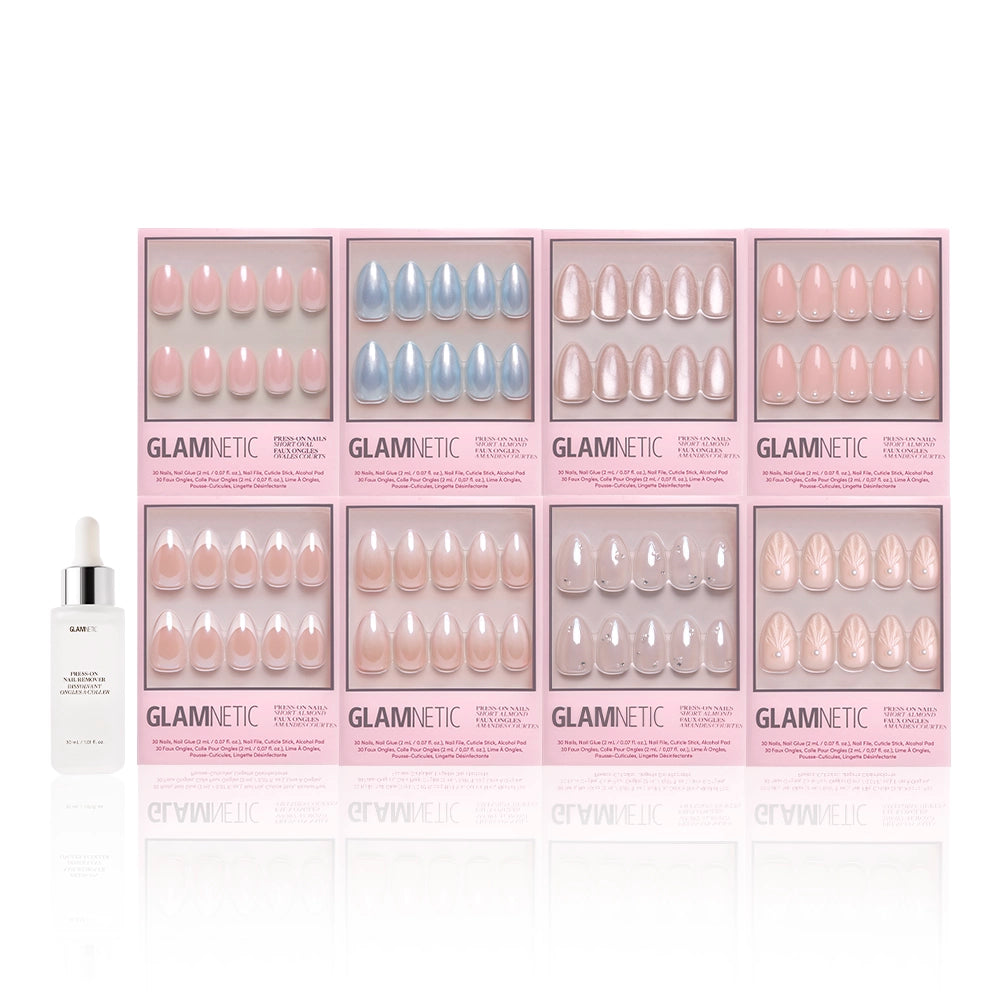 Eight boxes of glamnetic’s Happily Ever After Collection press-on nails in nude and pastel shades are arranged in two rows, with a white Cuticle Oil dropper bottle on the left, all set against a white background. - Product image