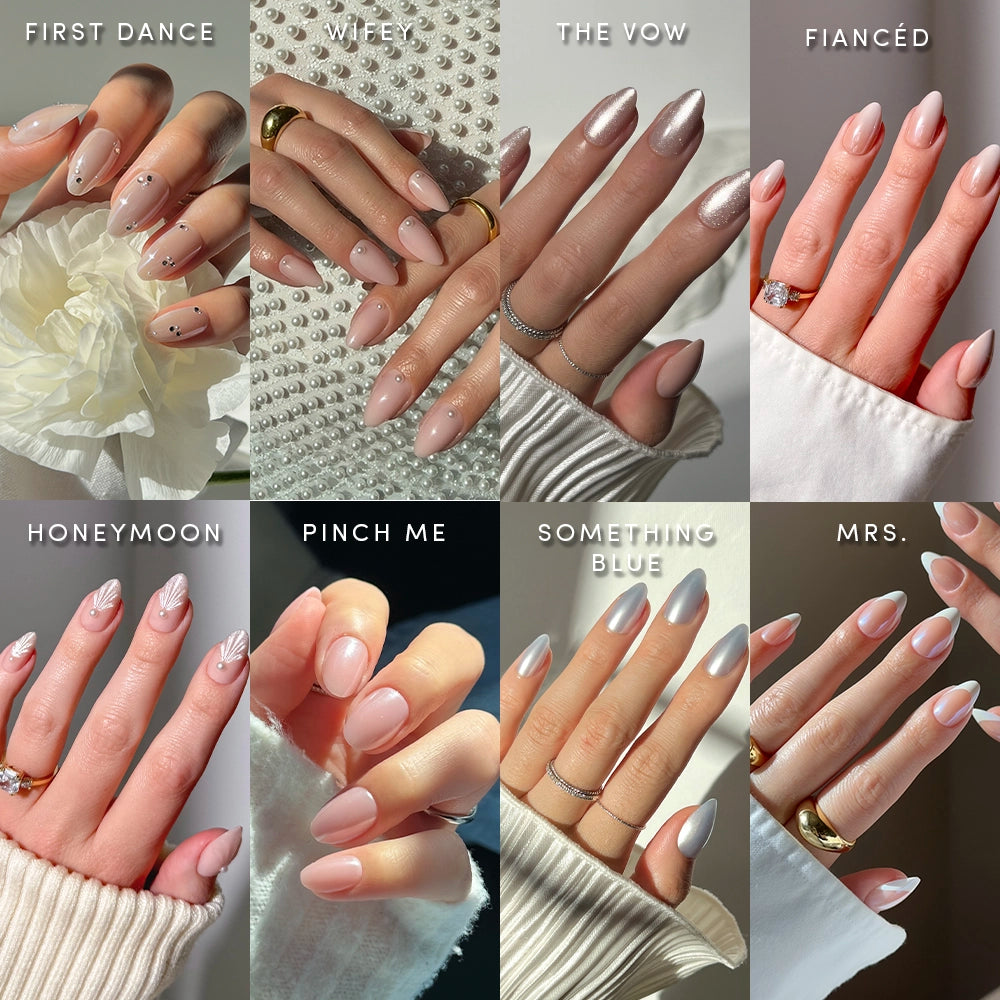 Eight close-up images of manicured hands display wedding-themed nail designs from glamnetics Happily Ever After Collection, with styles like First Dance, Wifey, The Vow, and Fiancé. Pearl accents add elegance. Text: Happily Ever After.