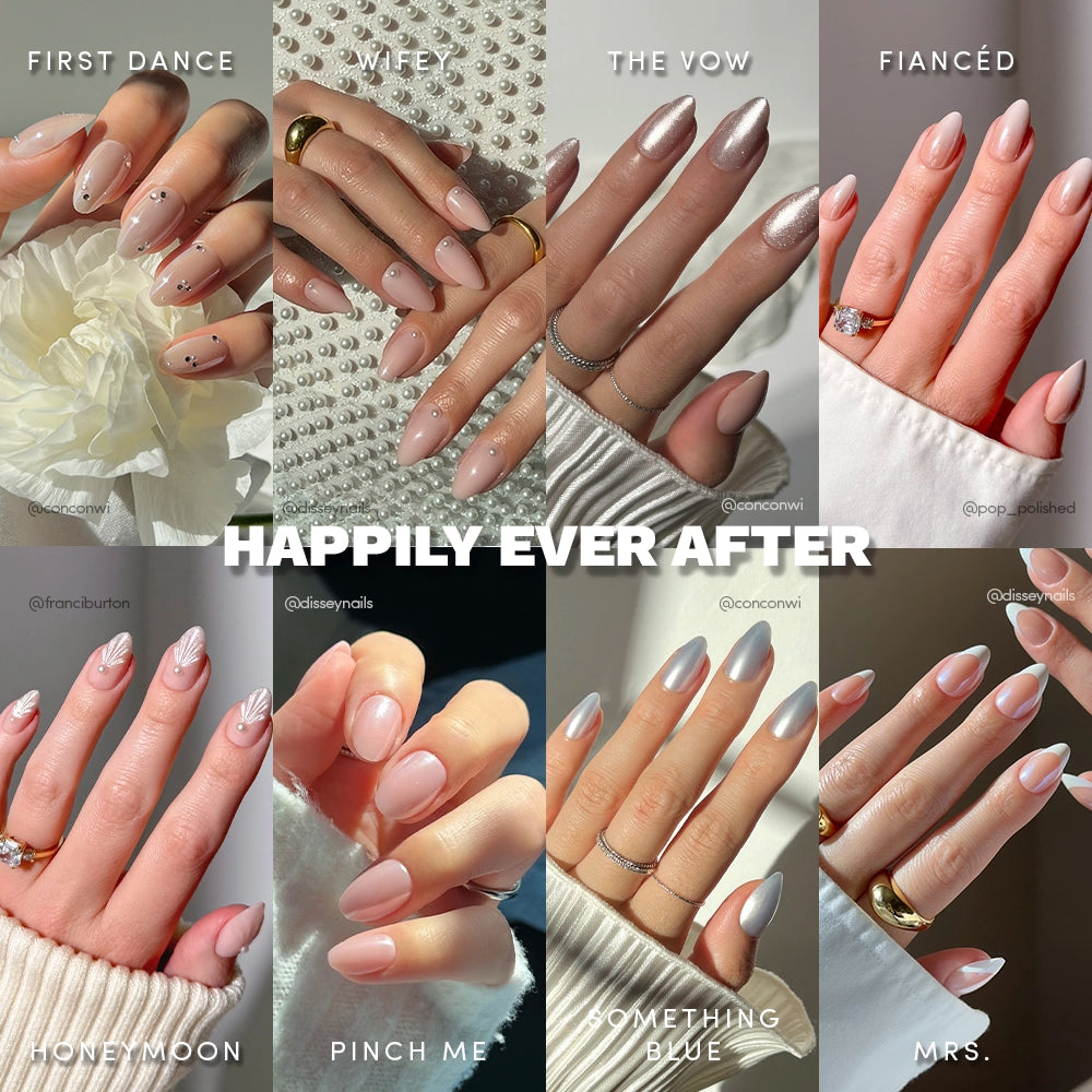 Eight close-up images of manicured hands display wedding-themed nail designs from glamnetics Happily Ever After Collection, with styles like First Dance, Wifey, The Vow, and Fiancé. Pearl accents add elegance. Text: Happily Ever After. - Product image