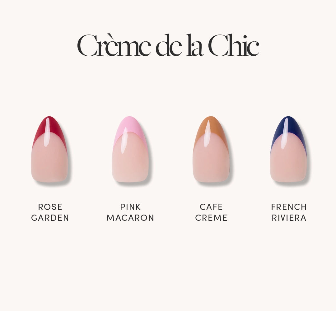 Four Crème de la Chic Short Almond Nails by glamnetic feature French Tips in red (Rose Garden), pink (Pink Macaron), beige (Cafe Creme), and blue (French Riviera). All are vegan, cruelty-free, and labeled with each style. - Product image