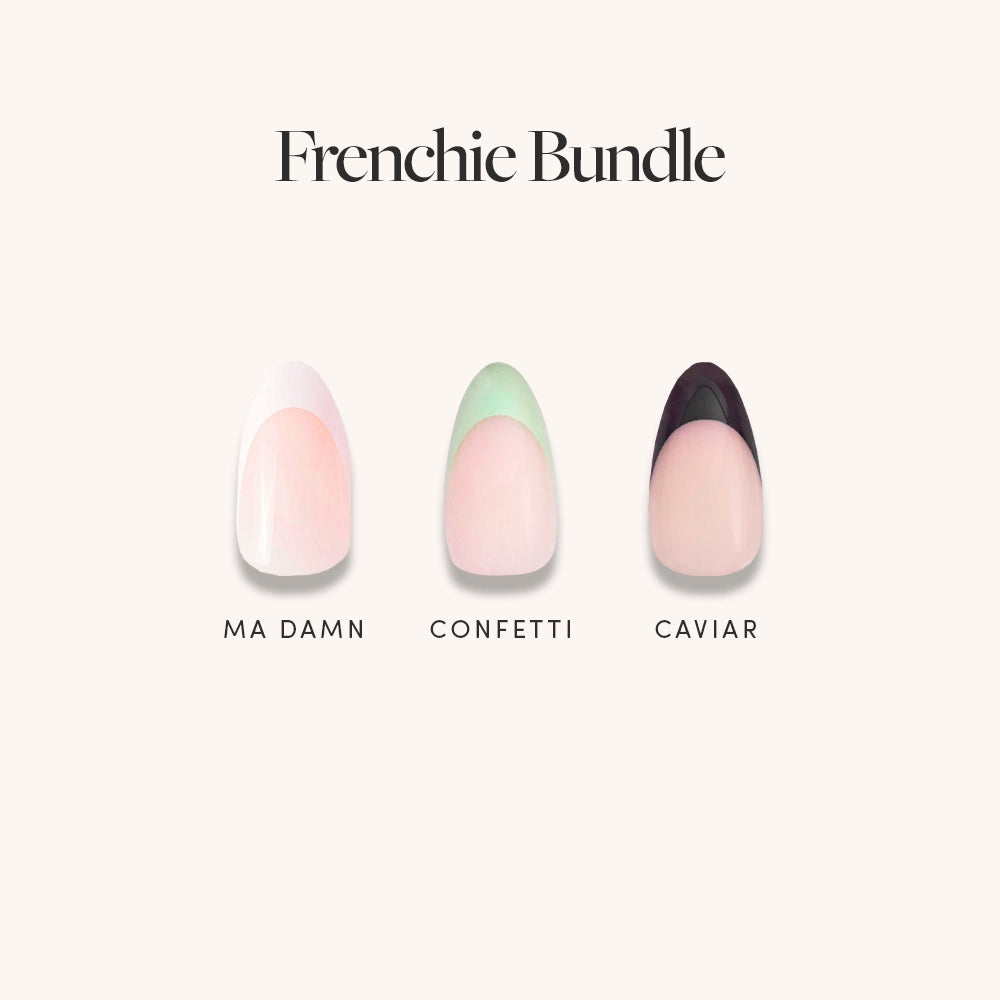 The Frenchie Bundle by glamnetic features three artificial nails—MA DAMN (pink pastel tip), CONFETTI (green & white pastel tip), and CAVIAR (dark purple tip). Pair with Brush On Nail Glue for easy application of your favorite styles. - Product image