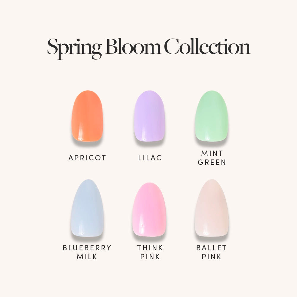 The Solids: Spring Bloom Collection by glamnetic features six press-on nails in Apricot, Lilac, Mint Green, Blueberry Milk, Think Pink, and Ballet Pink displayed on a light background. - Product image