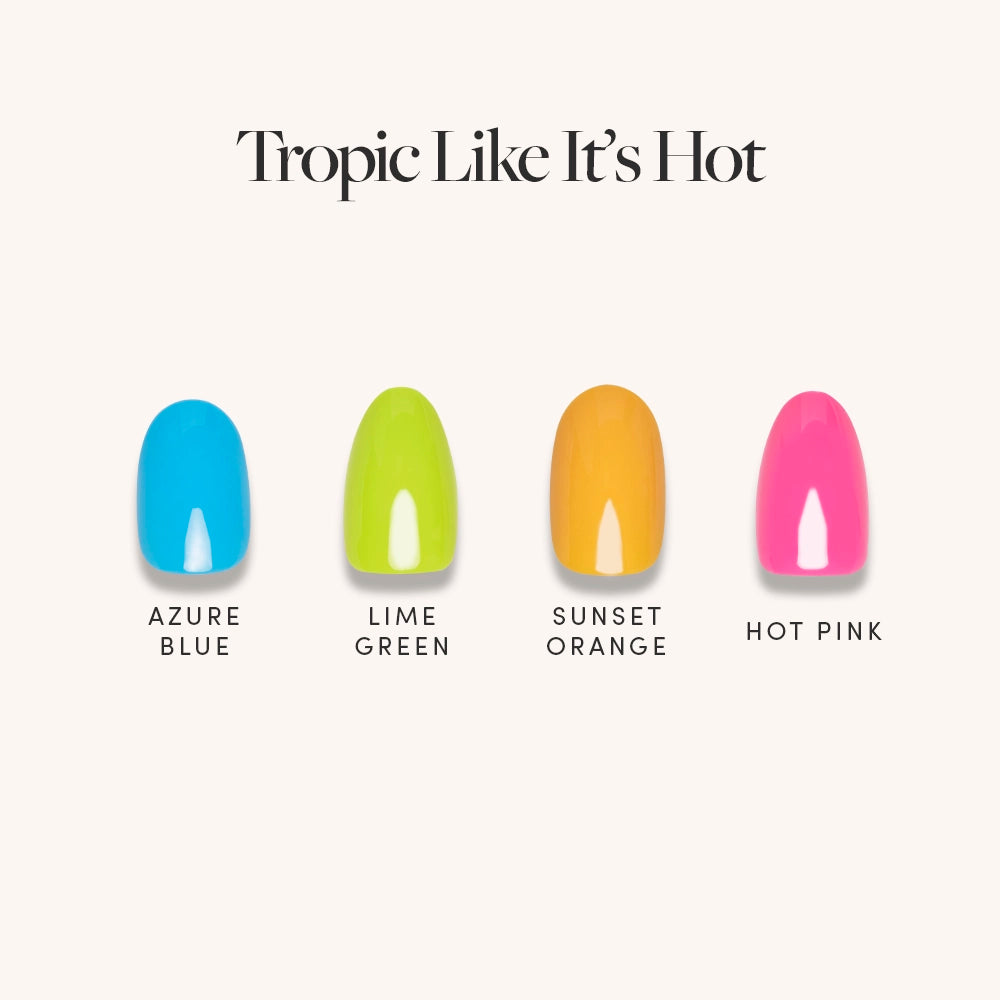 Four glamnetic nail polish swatches—Azure Blue, Lime Green, Sunset Orange, and Hot Pink—are lined up under the “Tropic Like Its Hot” heading, displaying vibrant summer colors on a light background. - Product image