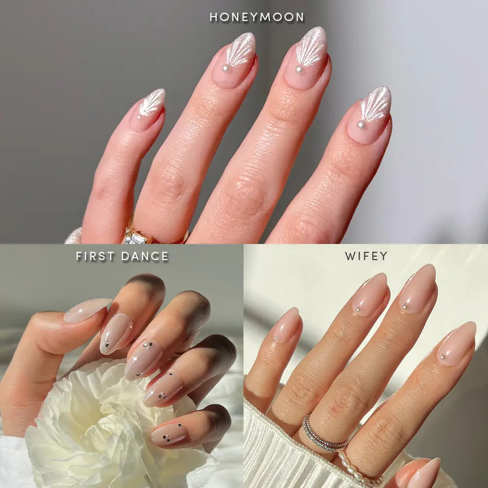 A collage shows three manicured hands with glossy bridal press-on nails from glamnetic’s Put A Pearl On It: Top—white shimmery nails with 3D pearls, “HONEYMOON.” Bottom left—nude with pearls, “FIRST DANCE.” Bottom right—nude, “WIFEY.”. - Product image