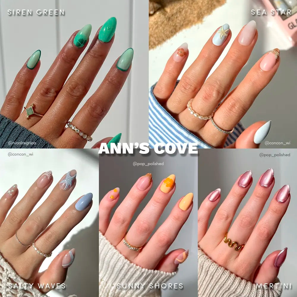 Six hands display glamnetic’s Ann’s Cove press-on nails, featuring pastel hues, shiny patterns, hints of 3D nail art, and gold rings—all inspired by coastal scenes—set against neutral backgrounds. - Product image
