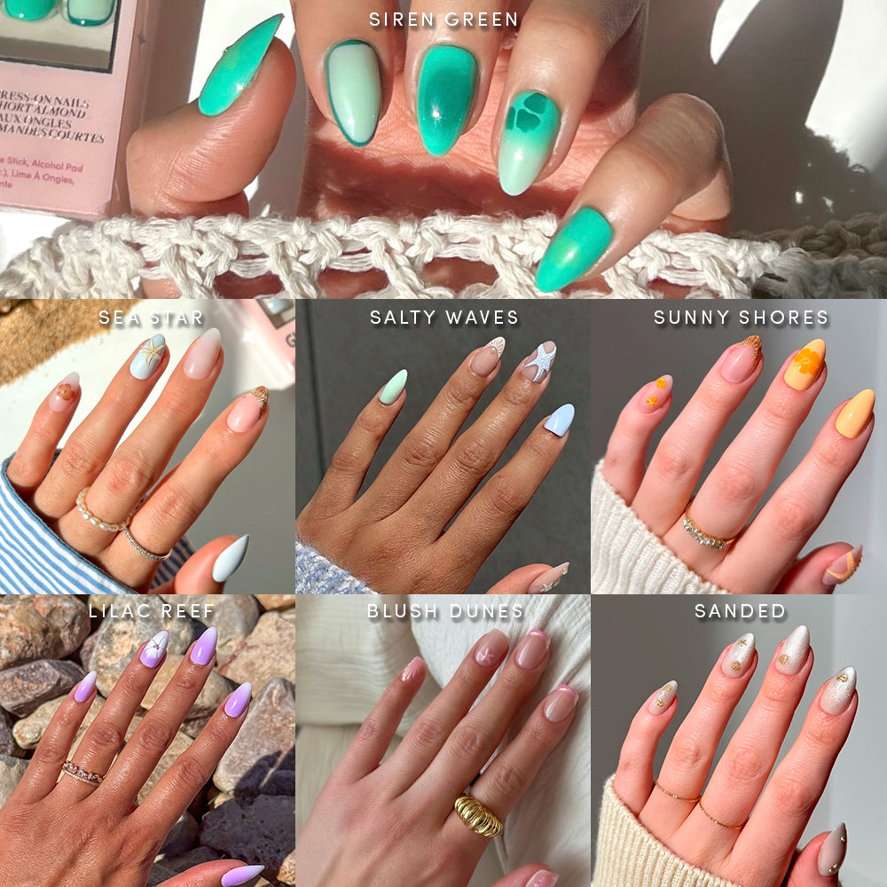 A collage showcases eight glamnetic Mermaid Jewels press-on nail sets in pastel ocean-inspired designs like Siren Green, Salty Waves, and Blush Dunes, featuring gradients, swirls, and oceanic accents. - Product image