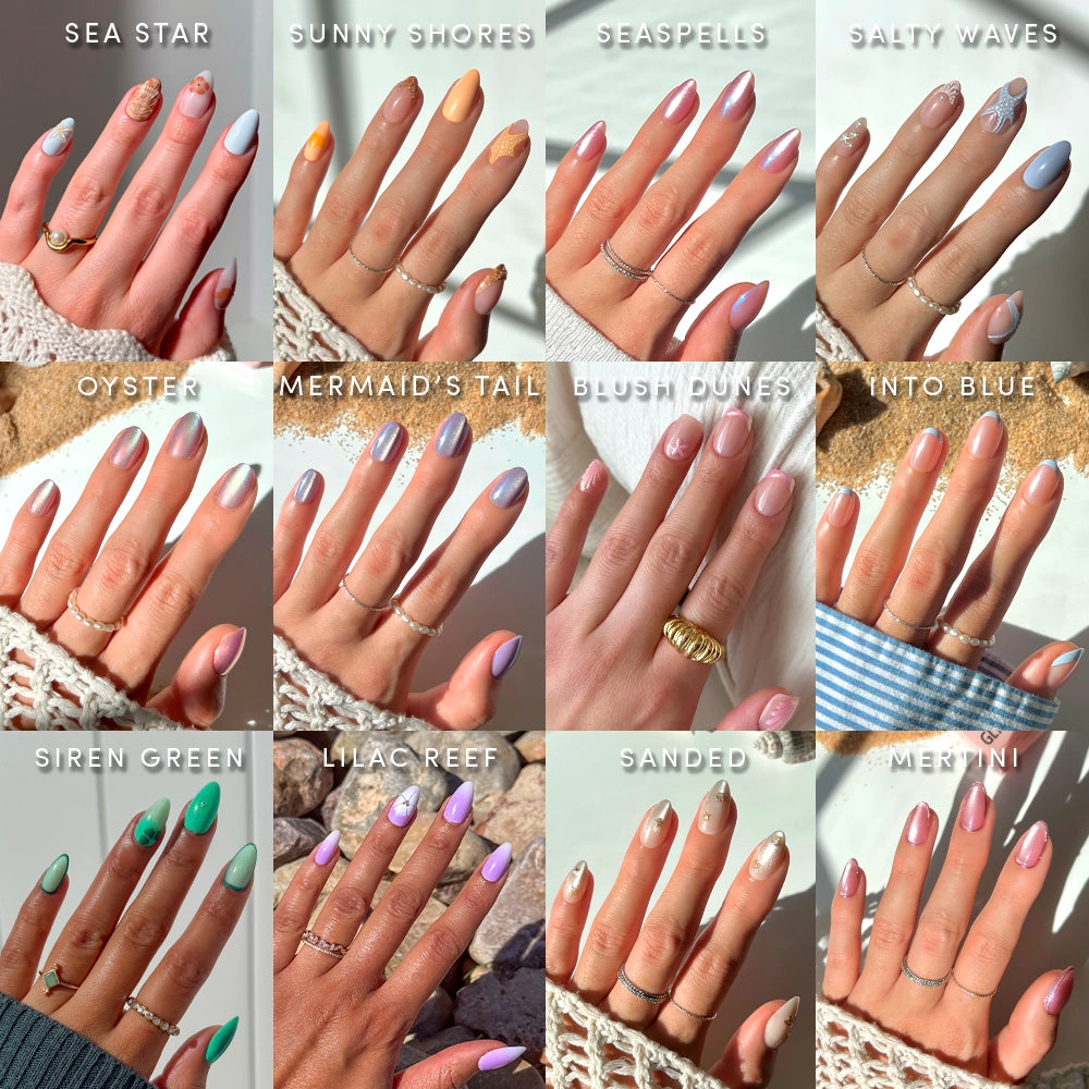 A collage displays twelve manicured hands wearing glamnetic’s Siren’s Cove Collection, each showcasing different pastel and ocean-themed press-on nails with labeled designs like Sea Star, Sunny Shores, Siren Green, and Blush Dunes.