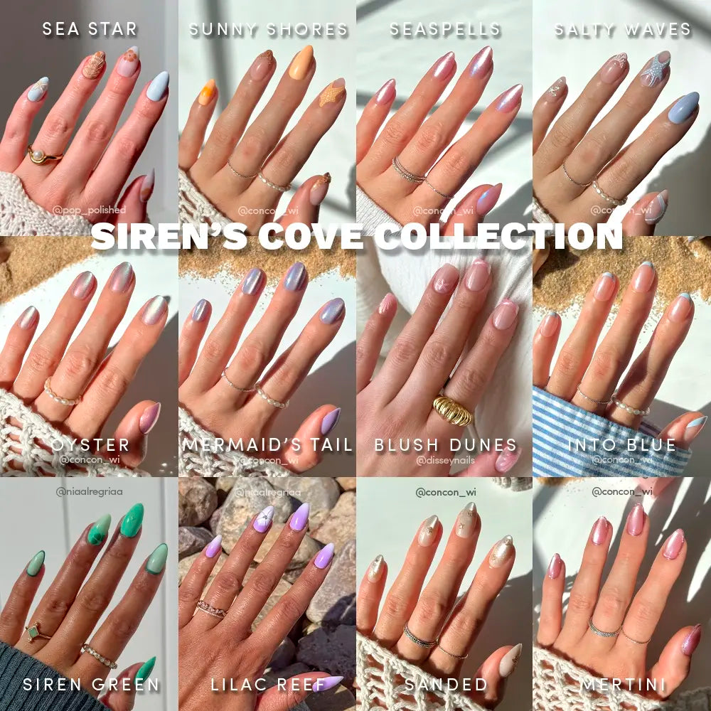 A collage displays twelve manicured hands wearing glamnetic’s Siren’s Cove Collection, each showcasing different pastel and ocean-themed press-on nails with labeled designs like Sea Star, Sunny Shores, Siren Green, and Blush Dunes. - Product image