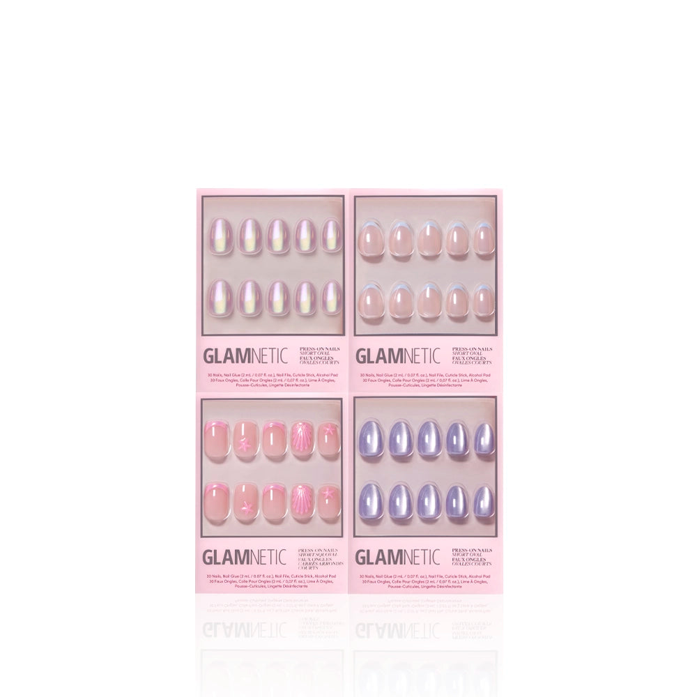 Four sets of Glamnetic Tide & True ocean-inspired press-on nails in pink and purple, arranged in pink packaging with clear windows. Each set offers short oval and squoval shapes, ideal for summer manis in various styles and finishes. - Product image