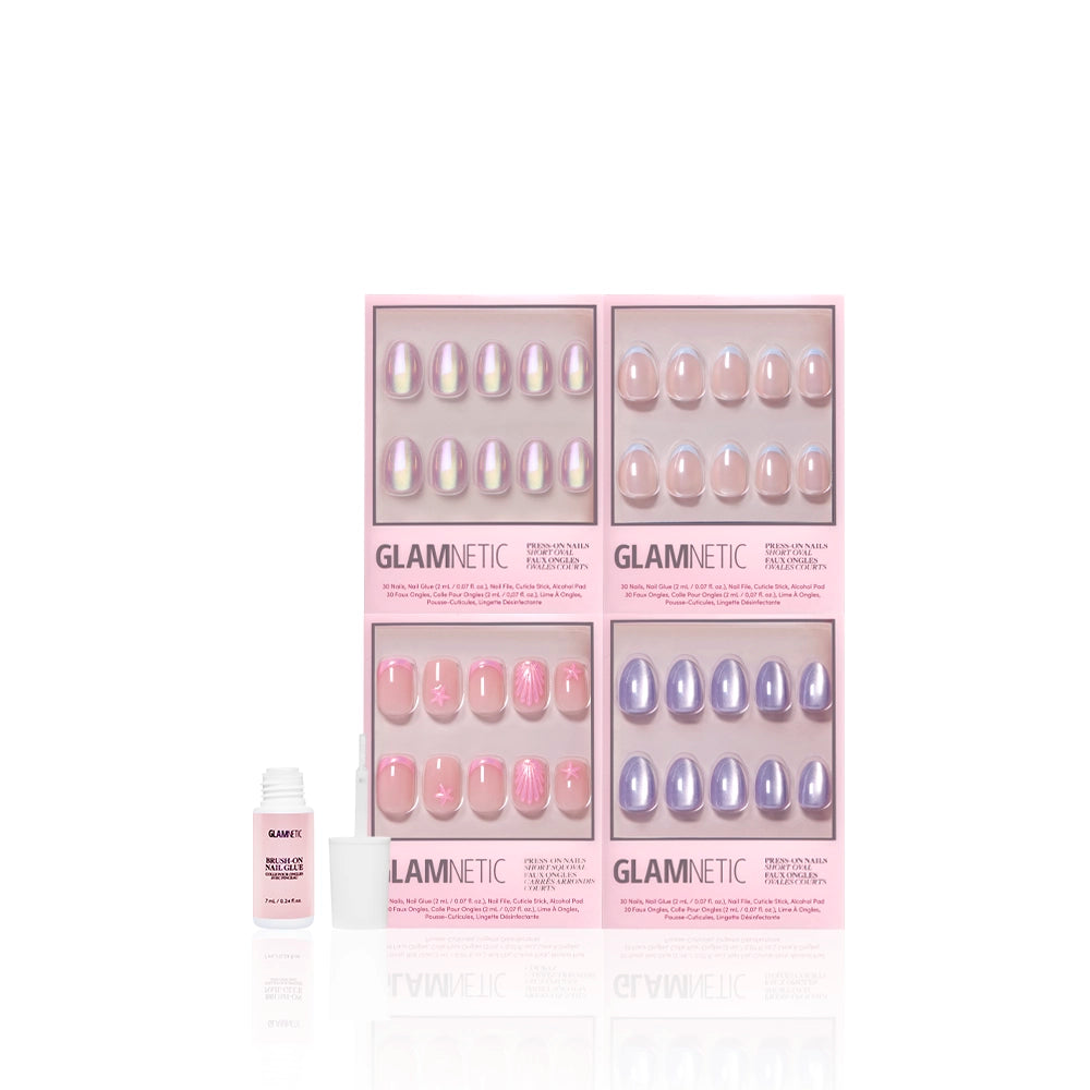 Four boxes of glamnetic Tide & True press-on nails in pink and purple hues—featuring short oval and short squoval shapes—are arranged in two rows, with a small bottle of pink glamnetic nail glue placed in front. Perfect for your summer mani lineup!. - Product image