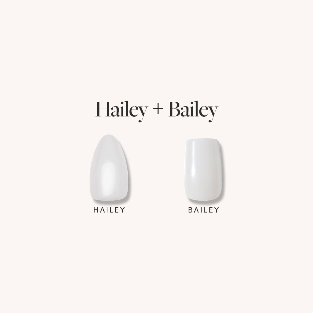 Two white glamnetic press-ons with a neutral glaze rest on a light background. Left: Hailey (Short Almond), right: Bailey (Medium Square). Bailey + Hailey appears above. - Product image
