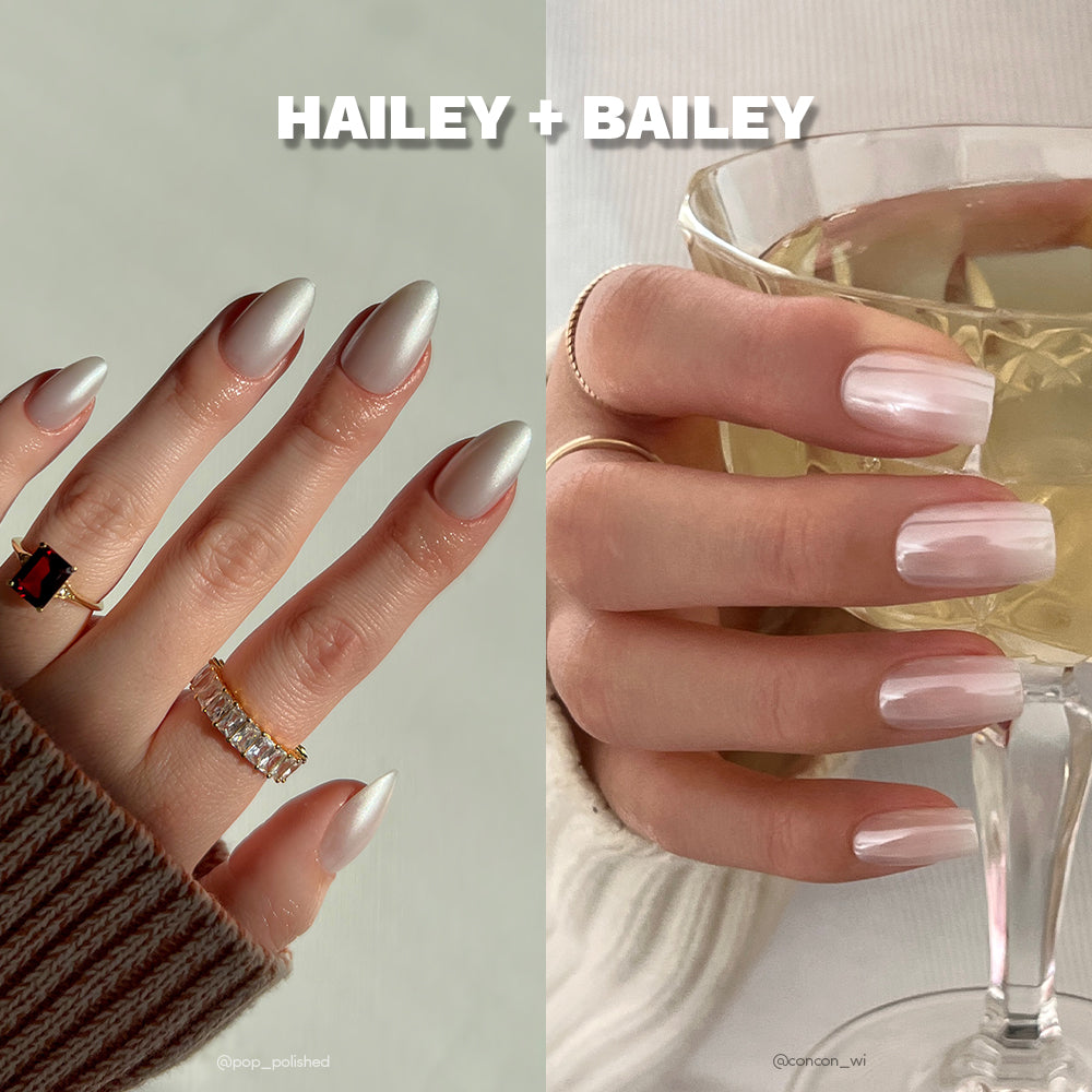 Two close-ups of manicured hands: left shows short almond nails in a neutral glaze with gold rings; right features medium square soft pink nails holding a glass. Text reads Bailey + Hailey by glamnetic. - Product image